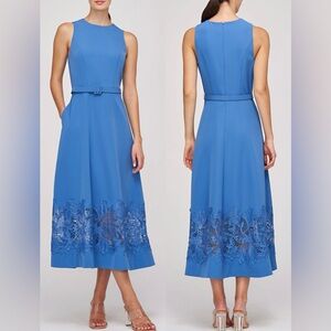 NWOT Kay Unger Vivianne Belted Lace-Detailed Stretch Crepe Midi Dress Blue sz 10
